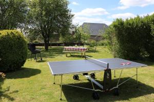una mesa de ping pong en la hierba con una mesa de ping pong en Zythogite, 23 personnes, 9 chambres, 6 salles de bain, bbq, jacuzzi, jardin, billard, en Tintigny