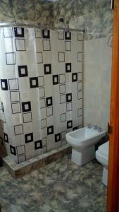 a bathroom with a shower and a toilet and a sink at LAS MACLURAS in Mar de Ajó