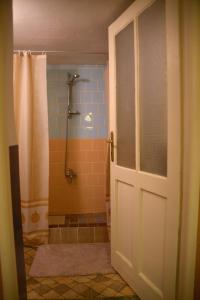 uma casa de banho com um chuveiro, um WC e uma porta em Domček 555 em Banská Štiavnica