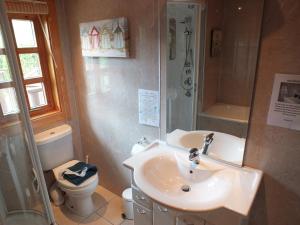 een badkamer met een wastafel, een toilet en een douche bij Oaks Log Cabins in Swanage