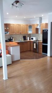 盧賓的住宿－APARTAMENT NA DOBY - LUBIN，厨房配有木制橱柜和黑色冰箱。