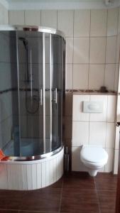 uma casa de banho com um chuveiro e um WC. em APARTAMENT NA DOBY - LUBIN em Lubin