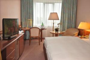 una camera d'albergo con letto e TV di Radisson Blu Hotel Cottbus a Cottbus