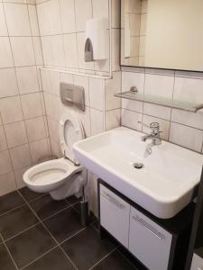 a bathroom with a white sink and a toilet at Gasthaus Zur Stadt Triberg in Schonach +20 photos
