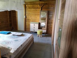 - une chambre avec un lit, une commode et un miroir dans l'établissement La maison du nord, T2 privé, à Mtsangadoua