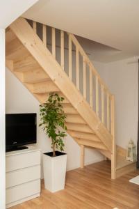 eine Holztreppe im Wohnzimmer mit Topfpflanze in der Unterkunft Apartamenty GoszoWita in Stronie Śląskie
