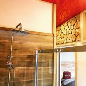 a shower with a glass door in a bathroom at Karibuni - Familiar Lodging & Private Spa in Villarrica