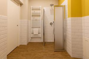 a bathroom with a shower and a mirror at Aqualago casa vacanze apartment A in Verbania +34 photos