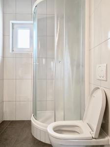 ein weißes Badezimmer mit Dusche und Toilette in der Unterkunft Apartments Maric in Vodice + 35 Fotos