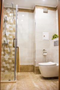 een badkamer met een douche, een toilet en een glazen douchecabine bij Sunny in Boergas