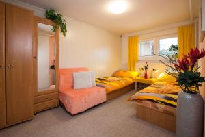 Un dormitorio con dos camas y un espejo. en Guest House Bulušek, en Rokytnice nad Jizerou 27 fotos más