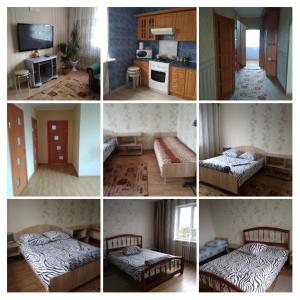 a collage of four pictures of a room with two beds at Гостевой дом Владимир in Brest