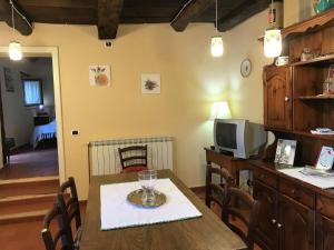 a dining room with a table and a television at Splendid Cottage in Vergemoli with Barbecue and Garden in Fornovolasco