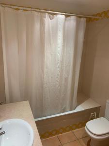 a bathroom with a shower with a toilet and a sink at Casa de férias na Praia Verde Casa de Charme in Castro Marim