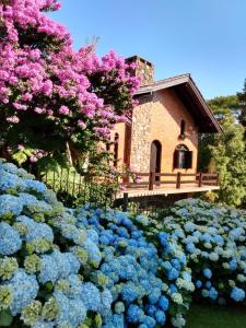 un jardín de flores moradas y azules frente a un edificio en Casa Innsbruck, en Gramado