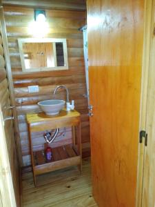 a bathroom with a sink in a wooden cabin at Cabañas Jamakimel in Uribelarrea
