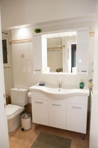 een badkamer met een wastafel, een toilet en een spiegel bij Athens Galatsi Spacious Modern Apartment in Athene