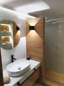 a bathroom with a white sink and a mirror at Volos Center Luxury Home in Volos