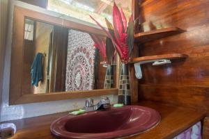 uma casa de banho com um lavatório vermelho e um espelho. em Casa Matix em Puerto Viejo