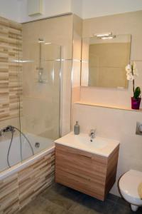 uma casa de banho com um lavatório, um chuveiro e um WC. em Riverside Apartman with Free Parking em Gyor