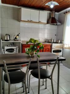a kitchen with a wooden table with chairs and a kitchen with a stove at Departamento Arenas in Maipú