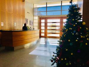 a christmas tree in a lobby with a woman at a counter at Descanso frente al mar Neohaus La Serena in La Serena +84 photos