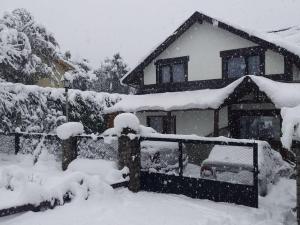 una casa cubierta de nieve delante en Las Rosas Alojamiento Turistico en Villa La Angostura