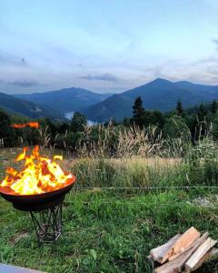 una hoguera en un campo con montañas en el fondo en Casa Maria Valea Draganului, en Lunca Vişagului