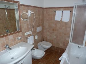 W łazience znajduje się umywalka, toaleta i prysznic. w obiekcie Chalet Ciasa Alexander w mieście San Cassiano