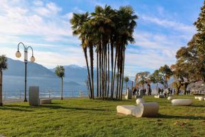 un parc avec des palmiers et une vue sur l'océan dans l'établissement Aqualago casa vacanze apartment A, à Verbania