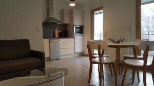 eine Küche und ein Wohnzimmer mit einem Tisch und Stühlen in der Unterkunft Les Picaillons - A 200m du lac in Aix-les-Bains