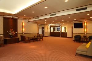 eine Lobby mit einem Wartezimmer mit Stühlen und einem Flachbild-TV in der Unterkunft Hotel Oak Forest in Hakuba