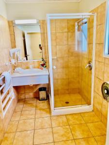 a bathroom with a shower and a sink at Baden Lodge Motel - PRIVATE SPA Bath in Rotorua