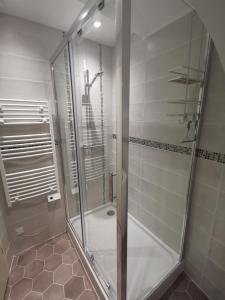 La salle de bains est pourvue d'une douche avec une porte en verre. dans l'établissement 2 pièces Vieux-Nice S, à Nice