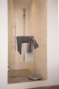 a towel rack with towels on it in a bathroom at Winter´s Panoramahäuschen in Sankt Kathrein am Offenegg