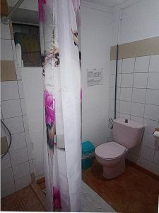 a bathroom with a toilet and a shower curtain at The Violet House muy cerca del Aeropuerto Tenerife Norte in La Laguna