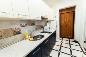 a kitchen with a sink and a wooden door at Wonderful flat on city center (Mukachivska 4/21) in Uzhhorod +3 photos
