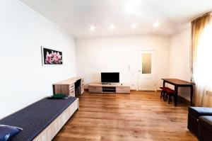 a living room with a bed and a desk at Wonderful flat on city center (Mukachivska 4/21) in Uzhhorod