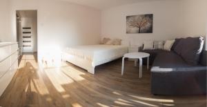 ein Wohnzimmer mit einem Bett und einem Sofa in der Unterkunft Apartament Kameralny in Kazimierz Dolny