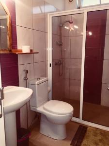 a bathroom with a toilet and a shower and a sink at Casa Santa Barbara Deluxe in Ribeira Grande