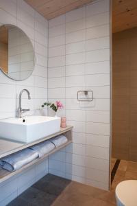 a bathroom with a sink and a mirror at Aan Noordzee Vakantiehuis aan zee 4 Personen in Sint Maartensvlotbrug
