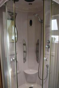 una ducha con puerta de cristal en un baño en Quinta Terezinha, en Ribeira Brava