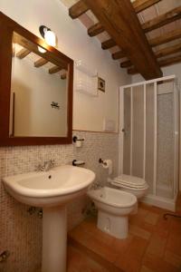 a bathroom with a sink and a toilet and a mirror at Casa Vacanze La Meridiana in Serrungarina +35 photos