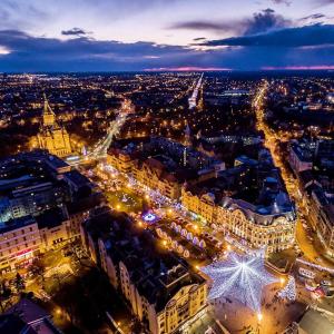 an aerial view of a city at night at Belle Vue Ultracentral Apartments in Timişoara