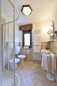 uma casa de banho com um lavatório e um chuveiro. em Hotel Bijou em Valtournenche