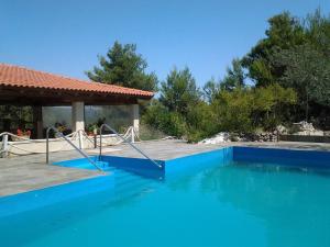 a blue swimming pool with a house and trees at Aparthotel Vila Danica in Dobropoljana