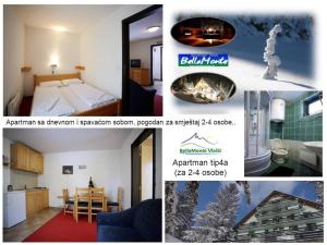 a collage of pictures of a room with a bed and a kitchen at Apartments BellaMonte Vlašić in Vlasic