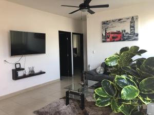 a living room with a couch and a flat screen tv at Beach Haus-Punta Estrella in Playa del Carmen