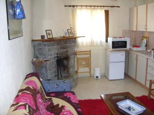 sala de estar con chimenea y cocina en Frida, en Antartiko