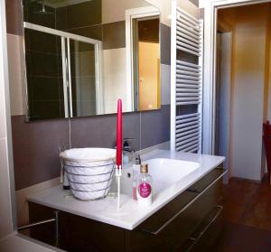a bathroom with a white sink and a red object on it at Villa Rostagno in Entracque +39 photos